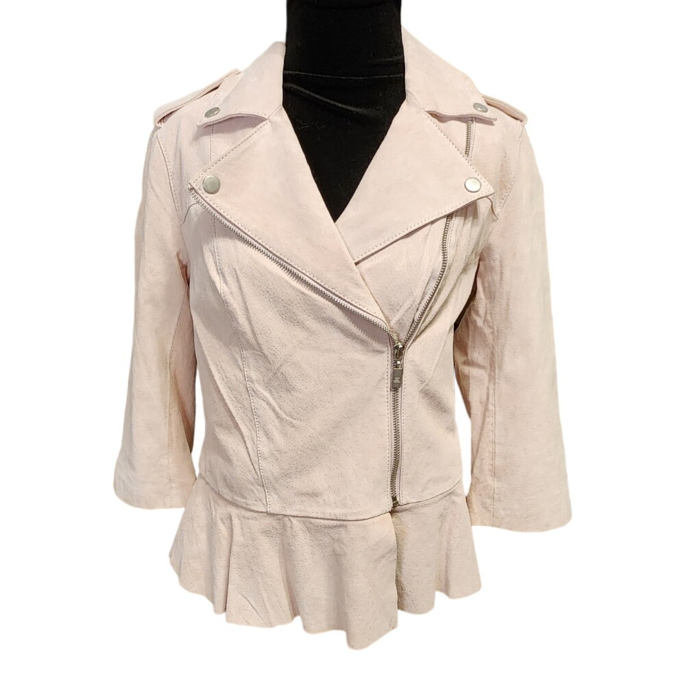 Pamela McCoy Women’s Pink Suede Leather Biker Jacket XS – Ruffle Hem Designer